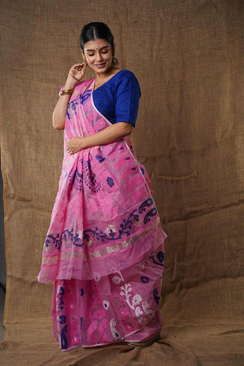 Traditional Bengal Cotton Silk Soft Jamdani Saree with pink colour floral combination ,Handwoven in the Rich Heritage of Bengal Minakari Dhakai | Item Length: 5.5 Metres Width: 1.2 Meters | Without Blouse Piece.DN NO-1010