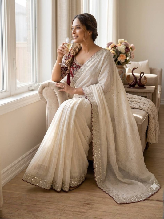 Soft Rangoli Silk Sequins Embroidered Saree | Designer Banglori Stitched Blouse | Party Wear Saree