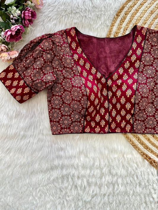 Original Ajrakh Print Cambric Cotton Puff Sleeve Blouse | Front Open Padded Designer Blouse
