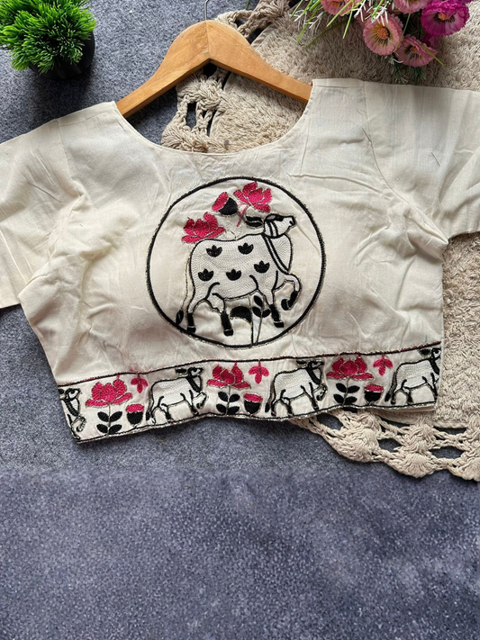 Pure Khadi Cotton Embroidered Designer Blouse with Padded Front Open Style