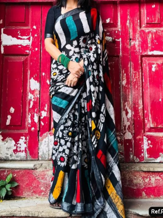 linen queen linen cotton silver jari border saree for womens