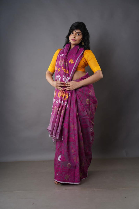 Traditional Bengal Cotton Silk Soft Jamdani Saree with rani colour combination ,Handwoven in the Rich Heritage of Bengal Minakari Dhakai | Item Length: 5.5 Metres Width: 1.2 Meters | Without Blouse Piece.DN NO-1001