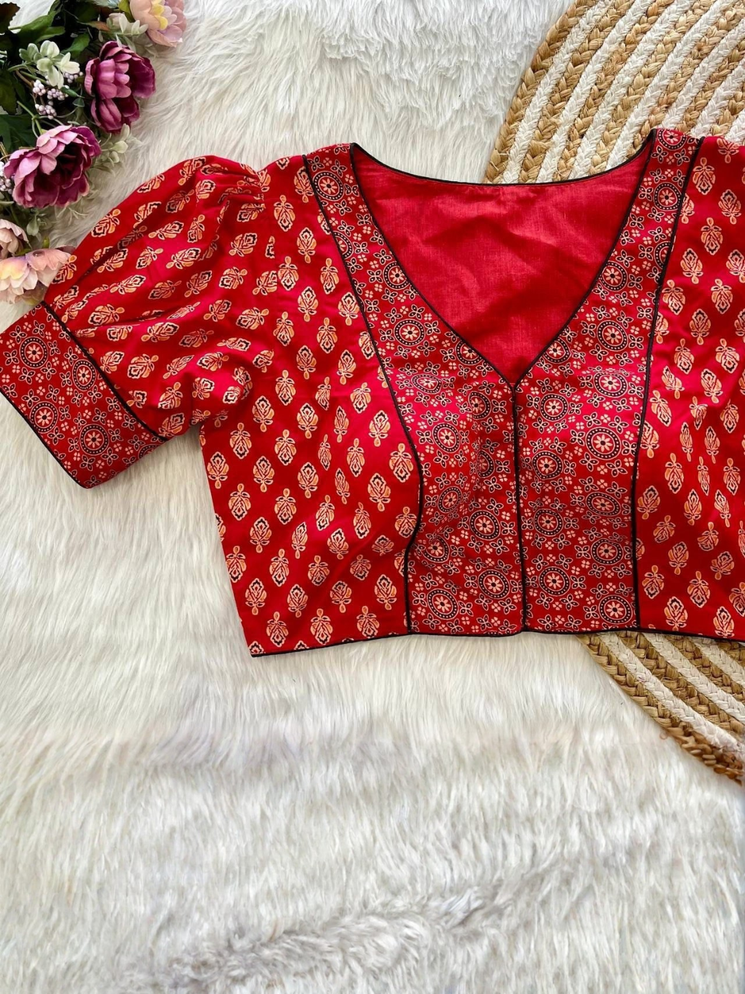 Original Ajrakh Print Cambric Cotton Puff Sleeve Blouse | Front Open Padded Designer Blouse