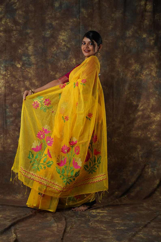 Traditional Soft Mulmul yellow colour Bengal Handloom Pure Cotton Saree Without Blouse Piece.DN NO-1066