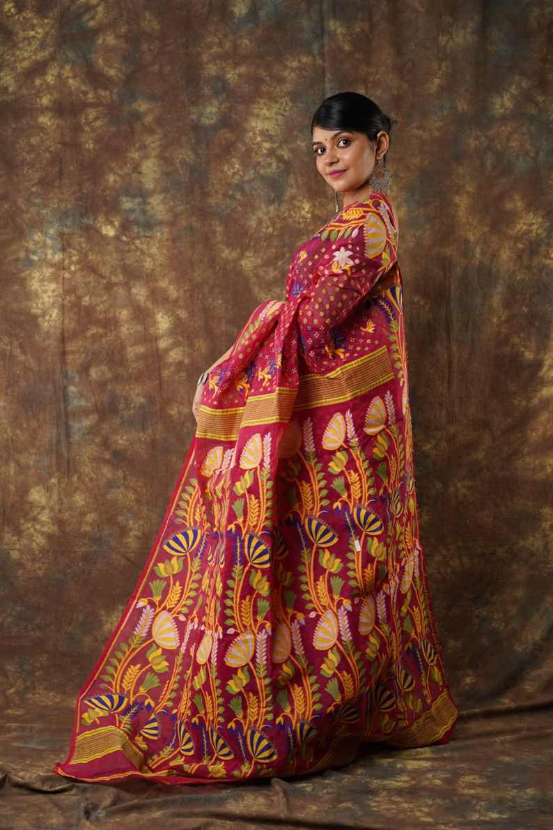 Traditional Bengal Cotton Silk Soft Jamdani Saree with Red & Orange combination ,Handwoven in the Rich Heritage of Bengal Minakari Dhakai | Item Length: 5.5 Metres Width: 1.2 Meters | Without Blouse Piece.DN NO-1011