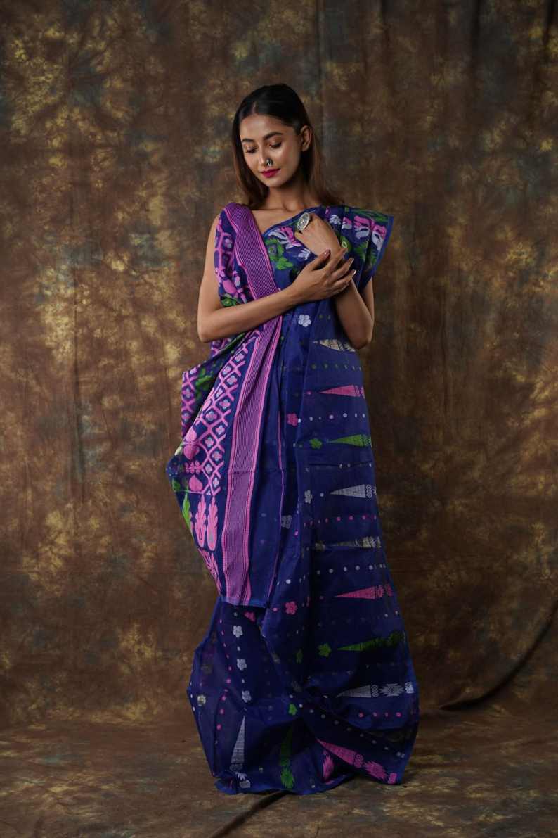 Traditional Bengal Cotton Silk Soft Jamdani Saree with navy blue colour combination Blouse Piece. ,Handwoven in the Rich Heritage of Bengal Minakari Dhakai | Item Length: 5.5 Metres Width: 1.2 Meters | Without.DN NO-1006