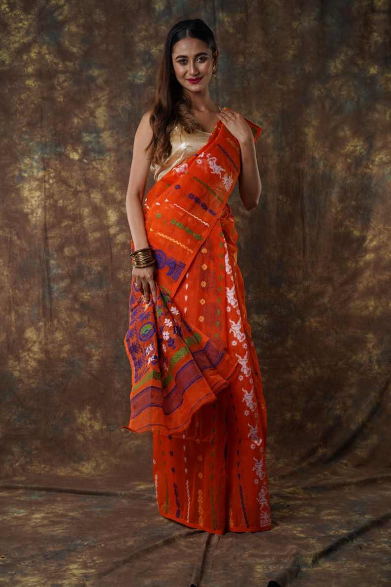 Traditional Bengal Cotton Silk Soft Jamdani Saree with orang colour combination ,Handwoven in the Rich Heritage of Bengal Minakari Dhakai | Item Length: 5.5 Metres Width: 1.2 Meters | Without Blouse Piece.DN NO-1059