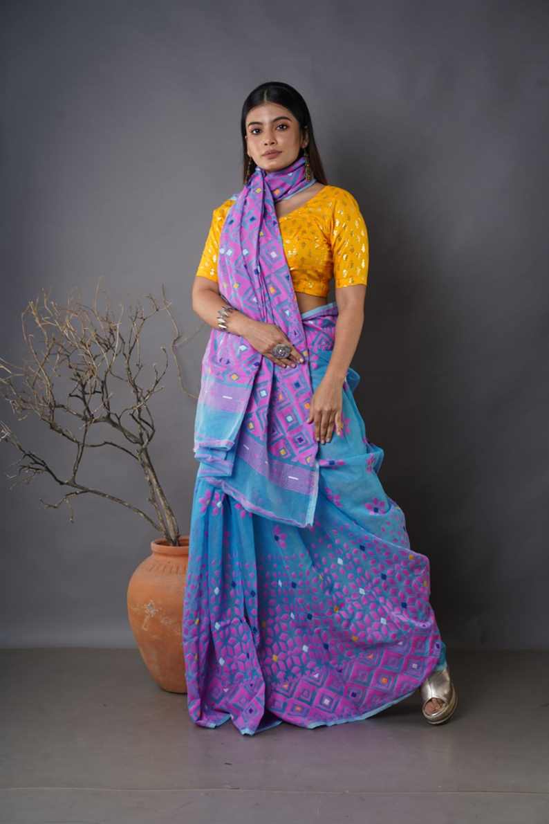 Traditional Soft Mulmul lite sky & pink colour Bengal Handloom Pure Cotton Saree Without Blouse Piece.DN NO-1003