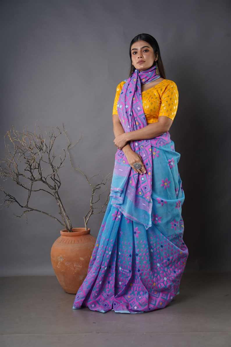 Traditional Soft Mulmul lite sky & pink colour Bengal Handloom Pure Cotton Saree Without Blouse Piece.DN NO-1003