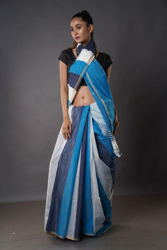 Traditional Soft Mulmul Deep Firozi colour Bengal Handloom Pure Cotton Saree Without Blouse Piece.DN NO-1034
