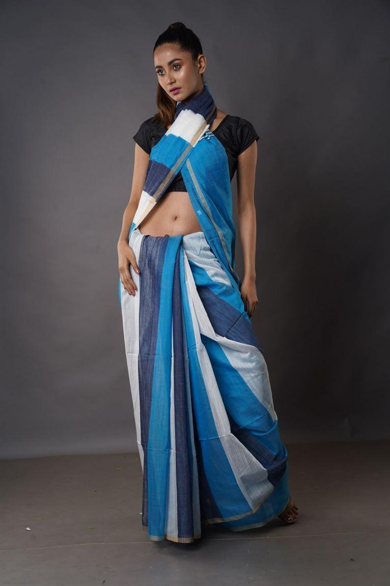 Traditional Soft Mulmul Deep Firozi colour Bengal Handloom Pure Cotton Saree Without Blouse Piece.DN NO-1034