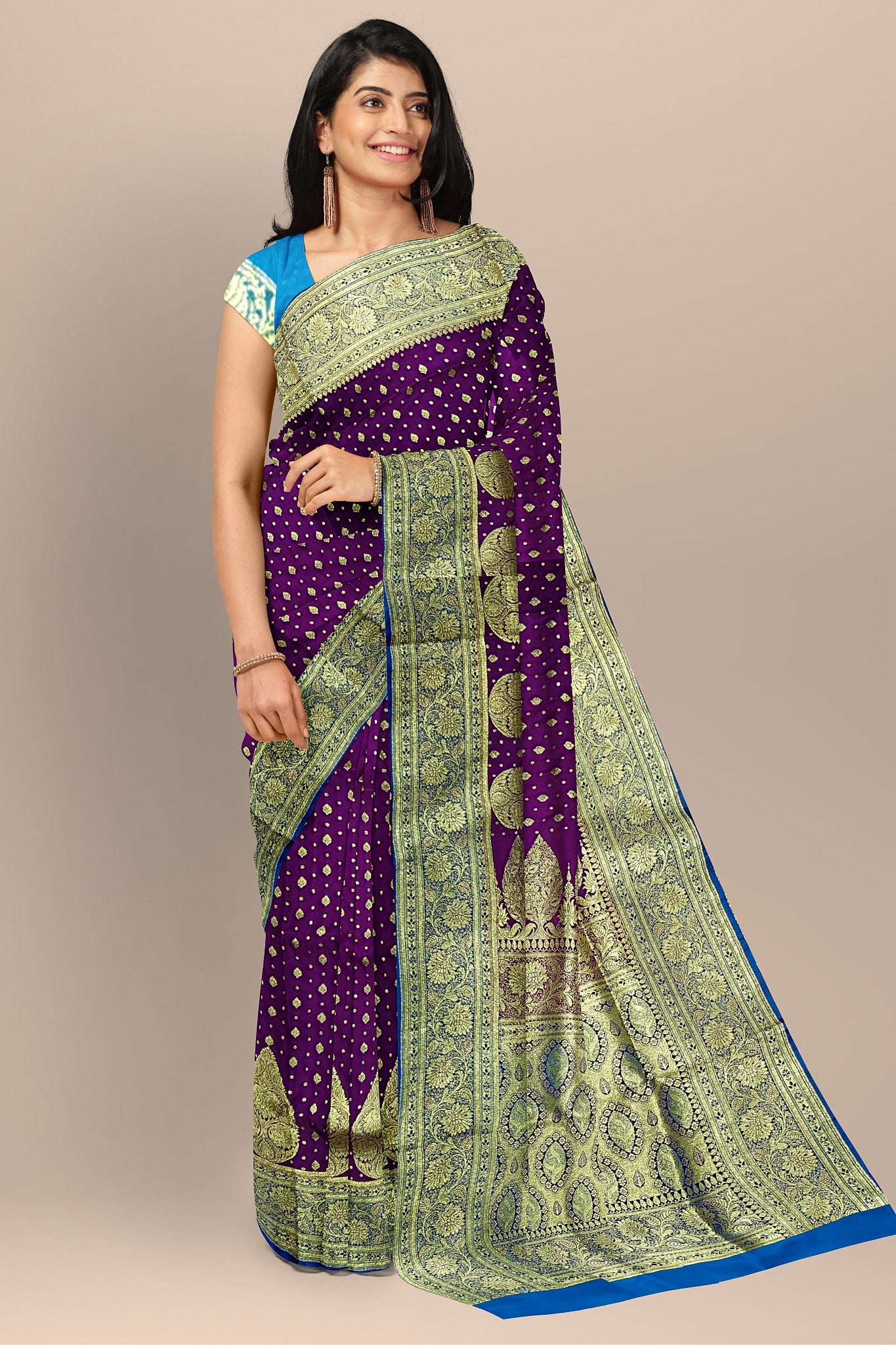 Enchanting Violet Benarasi Saree with Golden Buta and Firoza Contrast Blouse.DN NO-2003