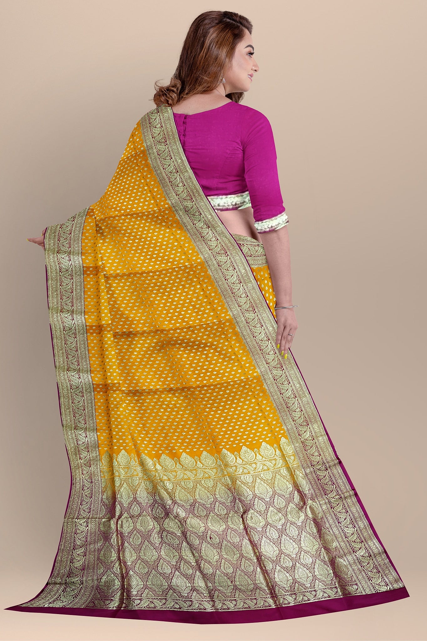 Radiant Yellow Benarasi Saree with Golden Motifs, Rani Contrast Pallu, and Blouse.DN NO-2005