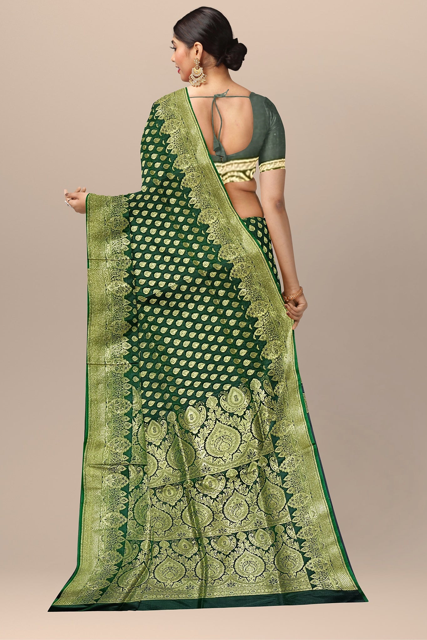 Refreshing Chutney Green Benarasi Saree with Golden Buta and Matching Blouse.DN NO-2004