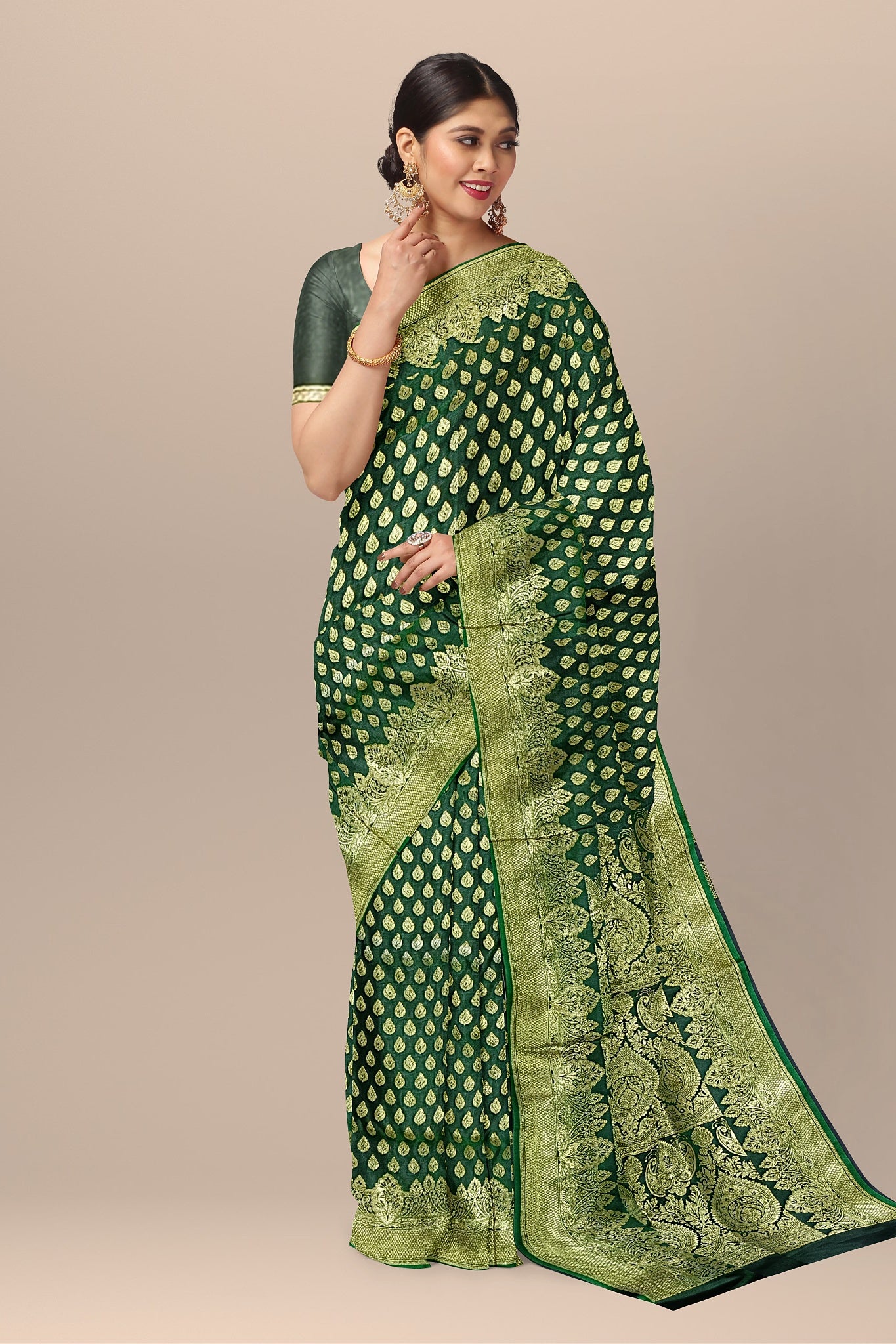 Refreshing Chutney Green Benarasi Saree with Golden Buta and Matching Blouse.DN NO-2004