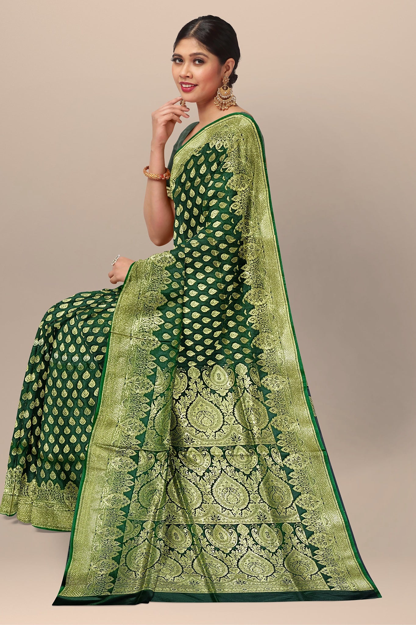 Refreshing Chutney Green Benarasi Saree with Golden Buta and Matching Blouse.DN NO-2004