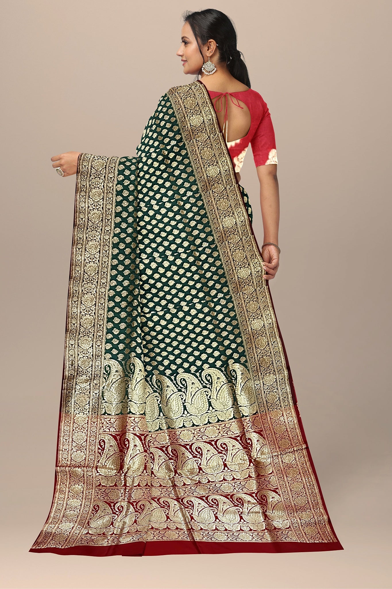 Pistachio Green Benarasi Saree with Red Kalka Pallu and Matching Blouse.DN NO-2012