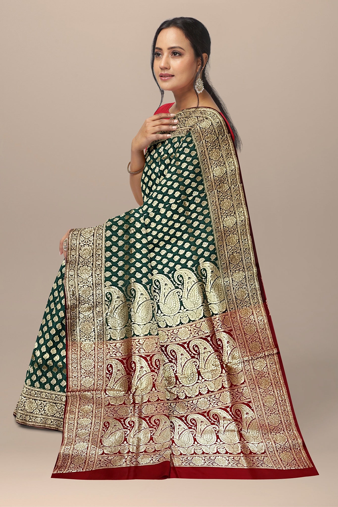 Pistachio Green Benarasi Saree with Red Kalka Pallu and Matching Blouse.DN NO-2012