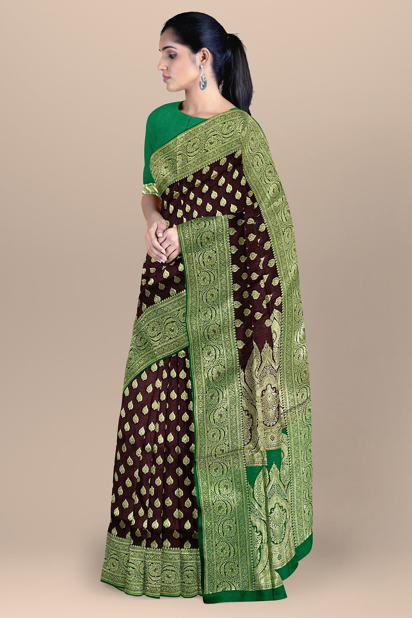 Wine Benarasi Saree with Golden Buta, Kalka Work, and Green Contrast