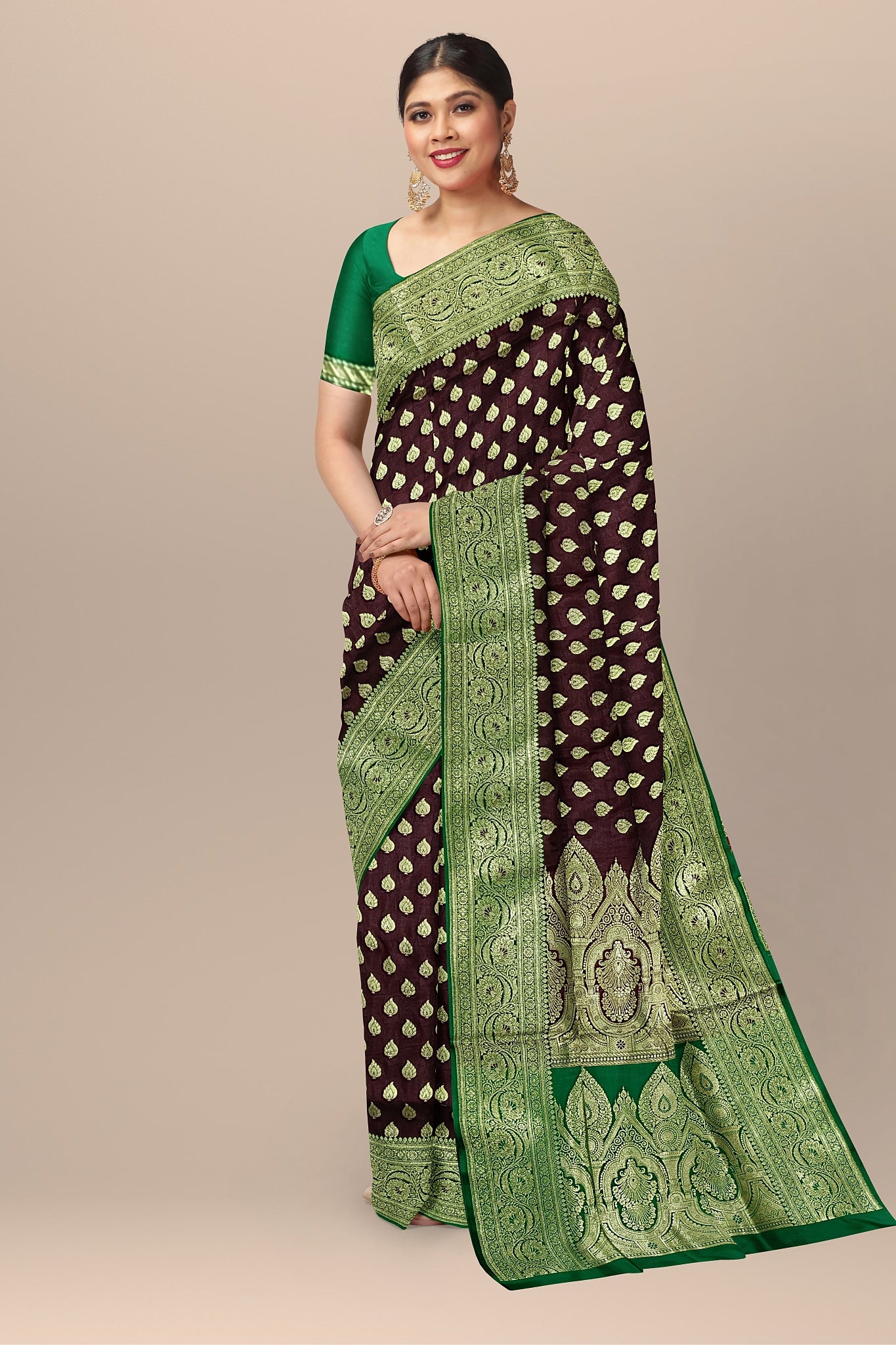 Wine Benarasi Saree with Golden Buta, Kalka Work, and Green Contrast