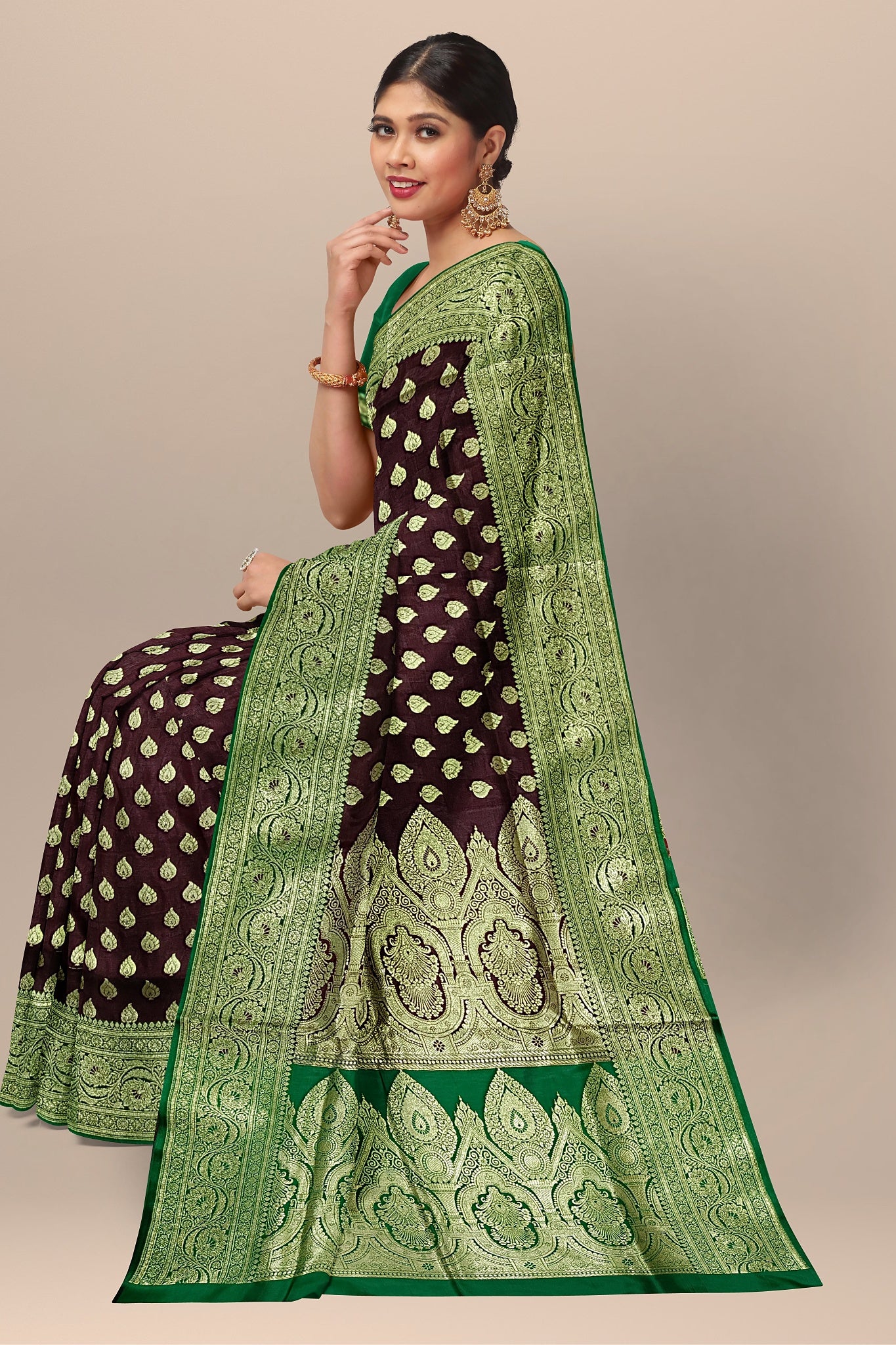 Wine Benarasi Saree with Golden Buta, Kalka Work, and Green Contrast
