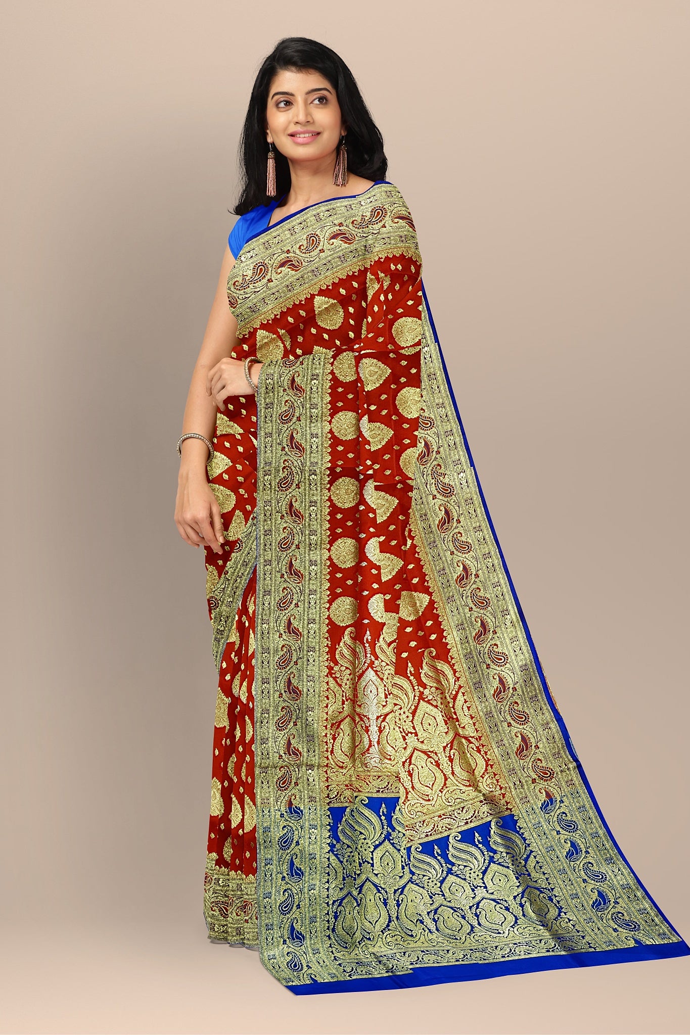 Vibrant Orange Benarasi Saree with Dual Buta, Royal Blue Contrast, and Blouse.DN NO-2013
