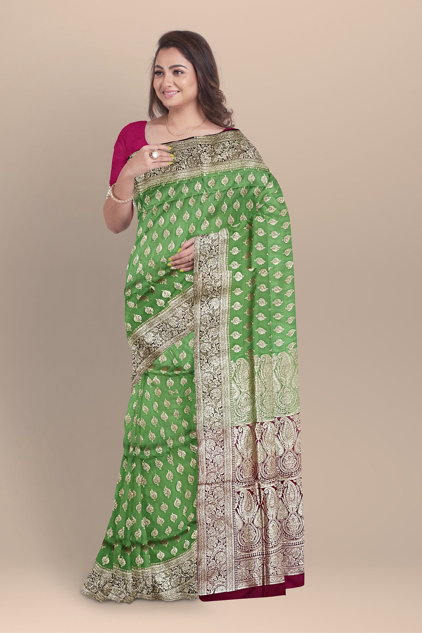 Exquisite Olive Green Benarasi Saree with Golden Buta, Rani Contrast, and Blouse