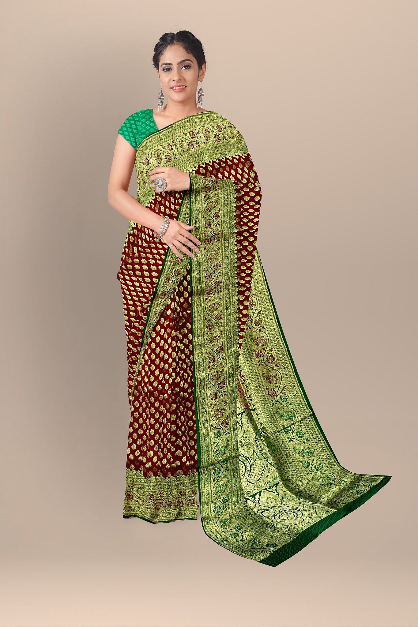 Fiery Red Benarasi Saree with Golden Buta, Green Pallu, and Zari Work.DN NO-2007
