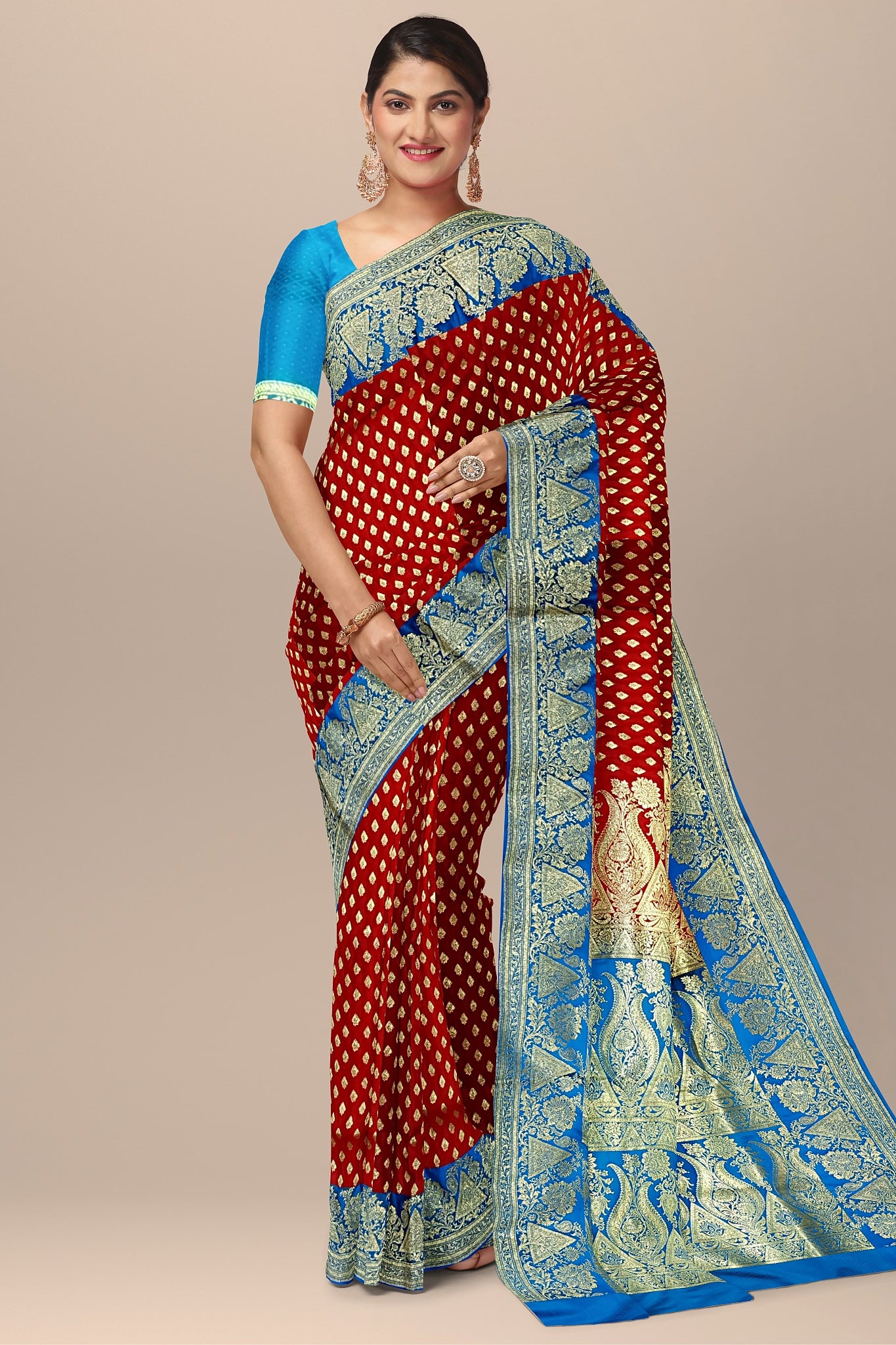 Striking Red and Firoza Benarasi Saree with Buta Work and Kalka Pallu.DN NO-2000