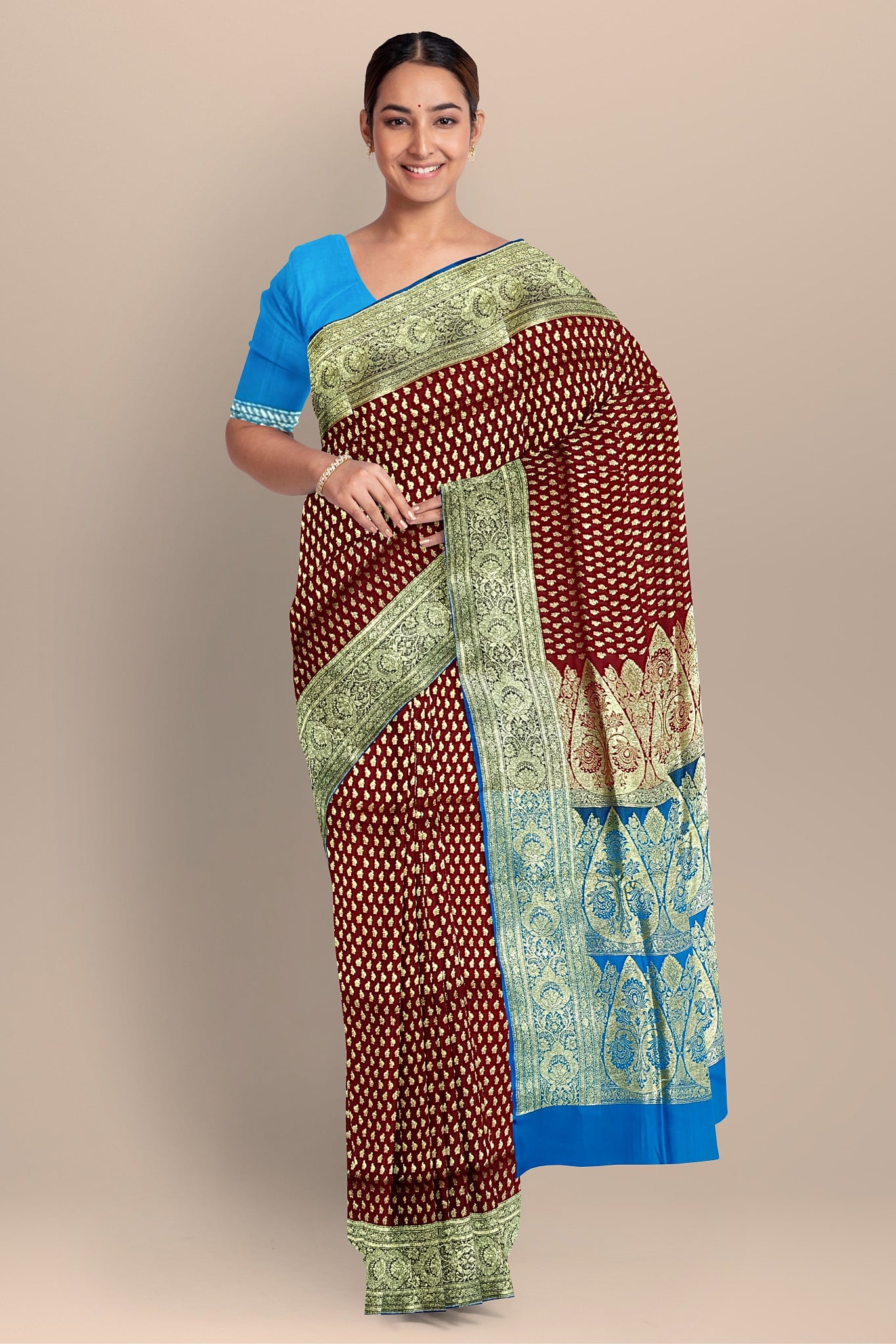 Fiery Red Benarasi Saree with Golden Buta and Firoza Contrast Pallu