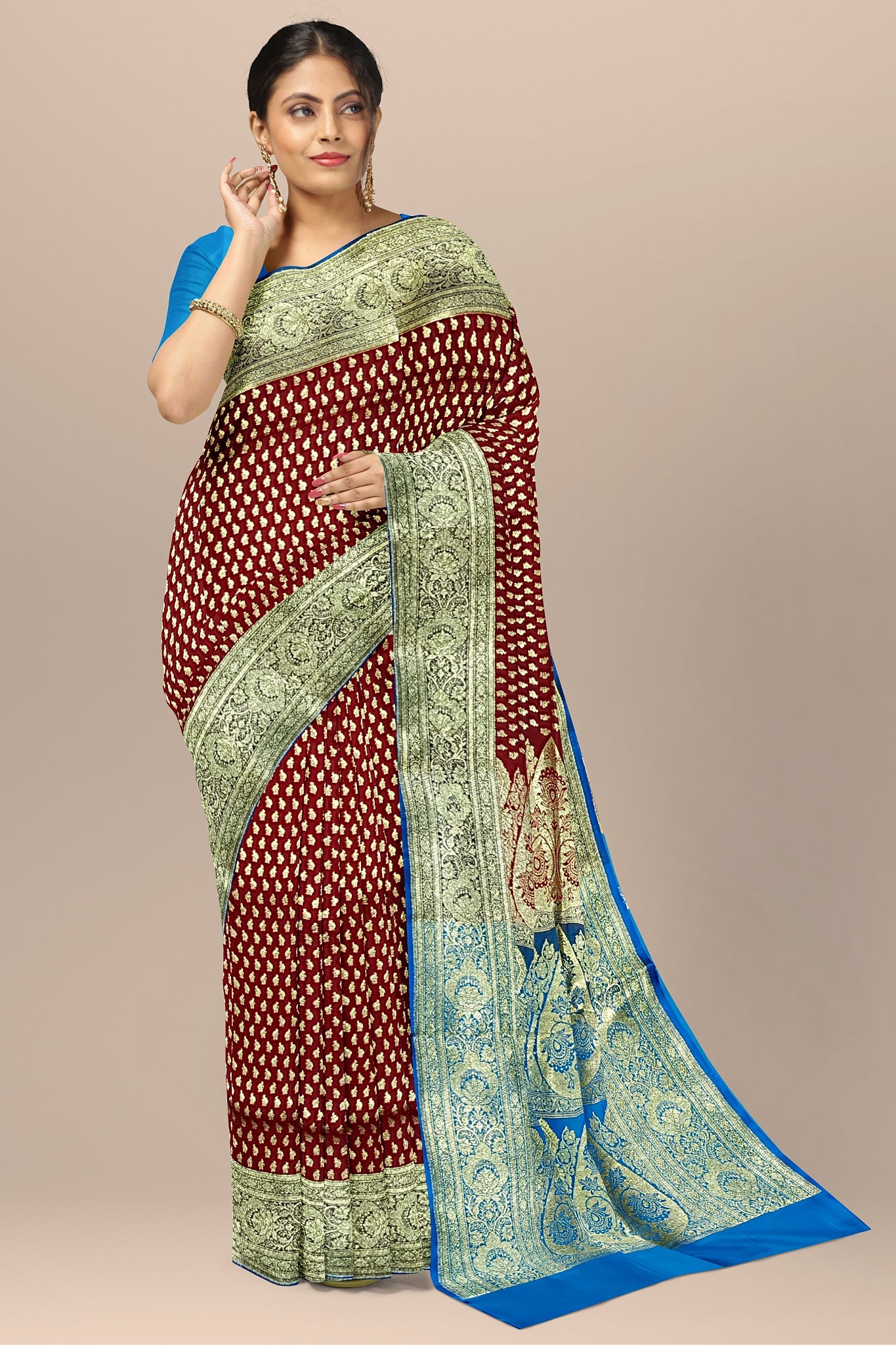 Fiery Red Benarasi Saree with Golden Buta and Firoza Contrast Pallu