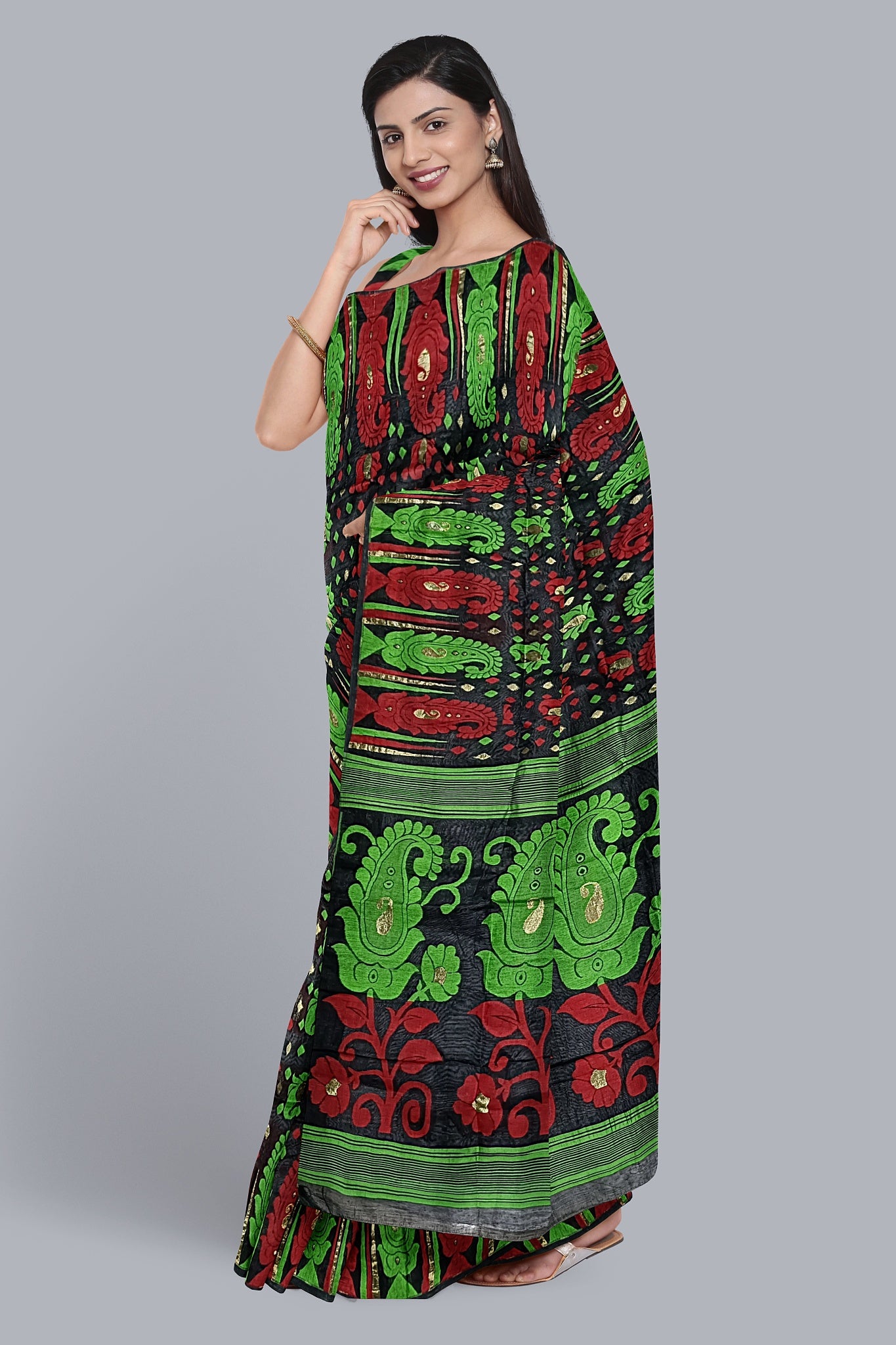 Regal Black Dhakai Jamdani Saree with Red and Green Contrast Kalka Design,DN NO-1098