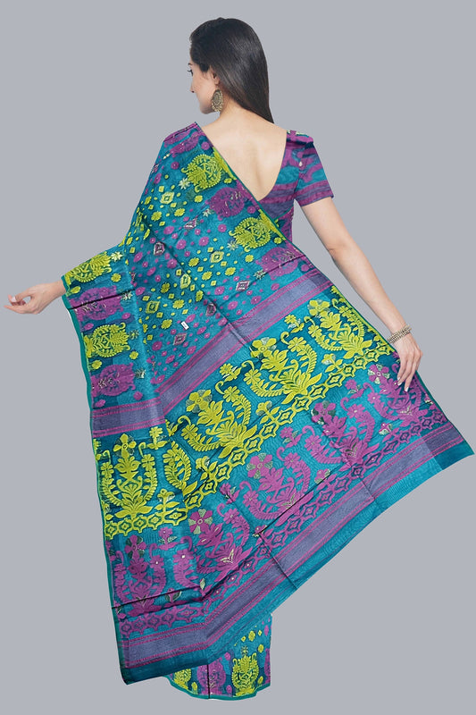 Enchanting Sea Green Dhakai Jamdani Saree with Rani and Yellow Accents,DN NO-1099