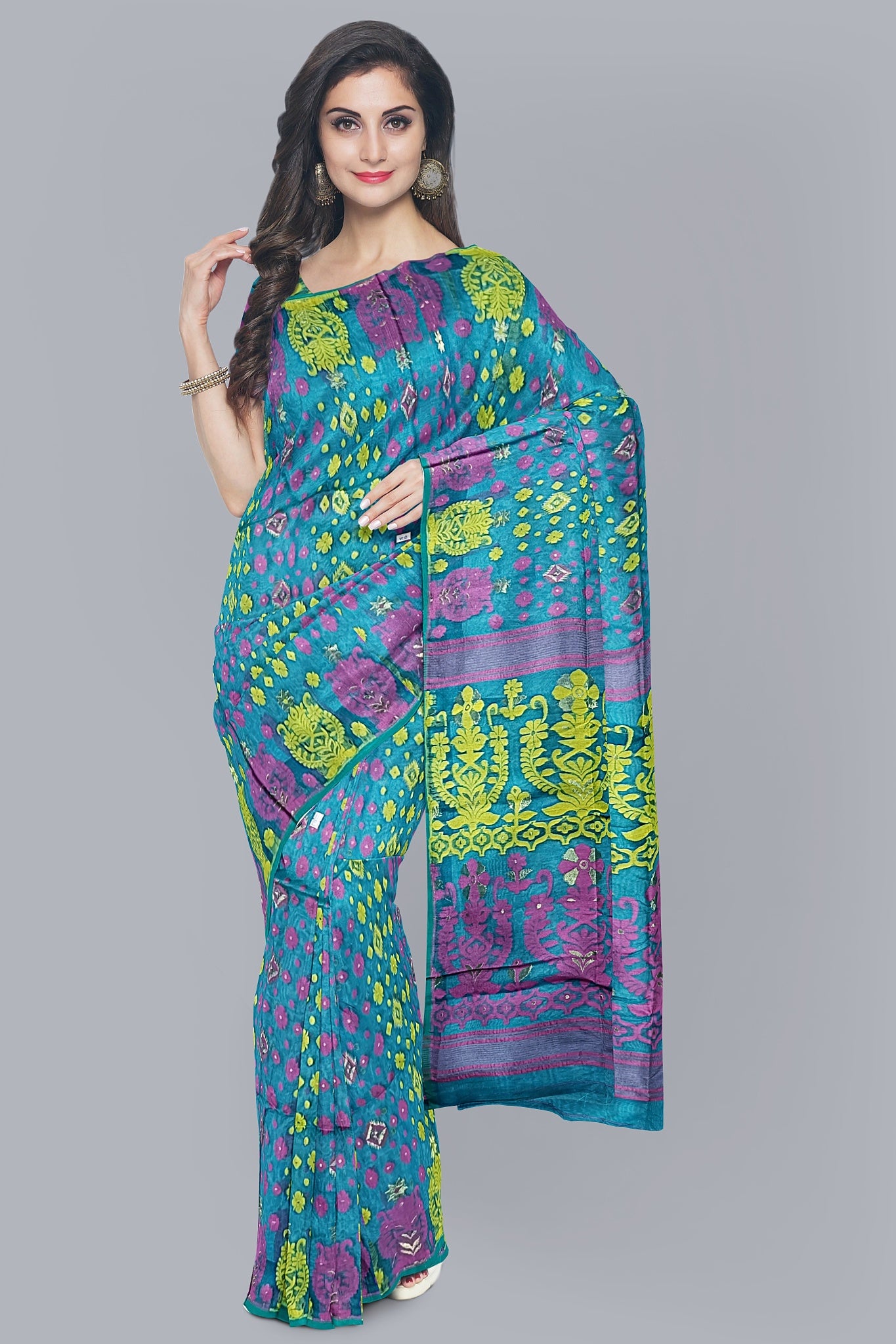 Enchanting Sea Green Dhakai Jamdani Saree with Rani and Yellow Accents,DN NO-1099