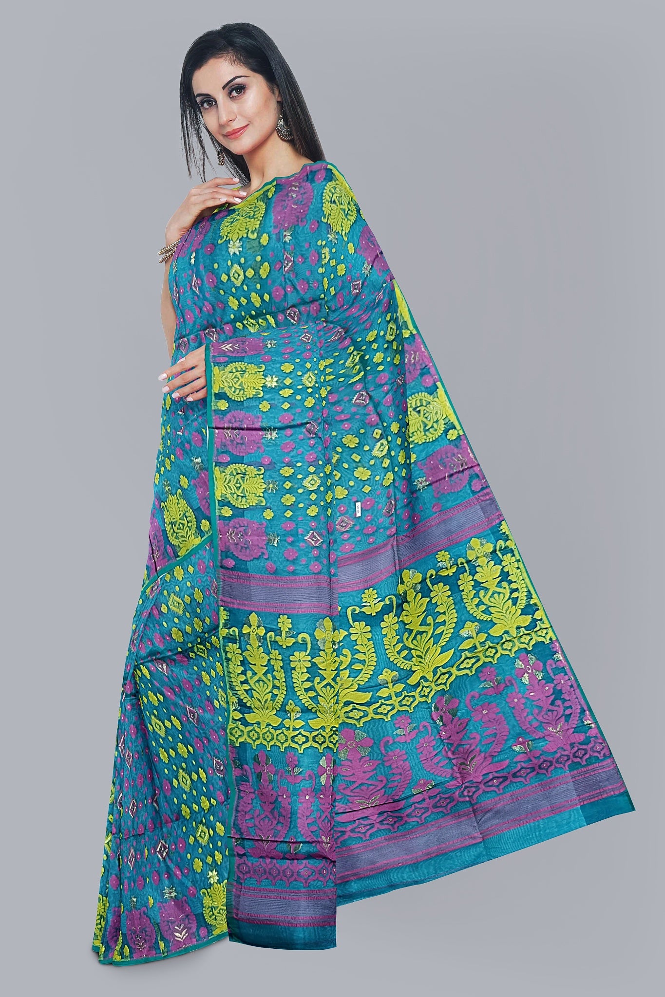 Enchanting Sea Green Dhakai Jamdani Saree with Rani and Yellow Accents,DN NO-1099