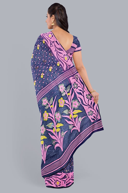Sophisticated Navy Blue Dhakai Jamdani Saree with Pink Accents,DN NO-1104
