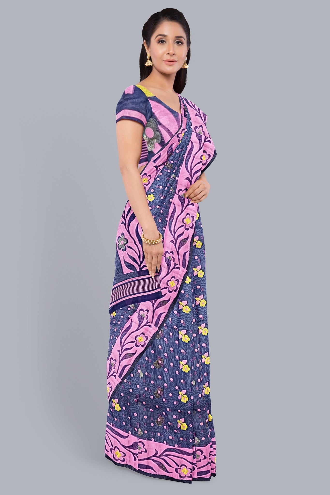 Sophisticated Navy Blue Dhakai Jamdani Saree with Pink Accents,DN NO-1104