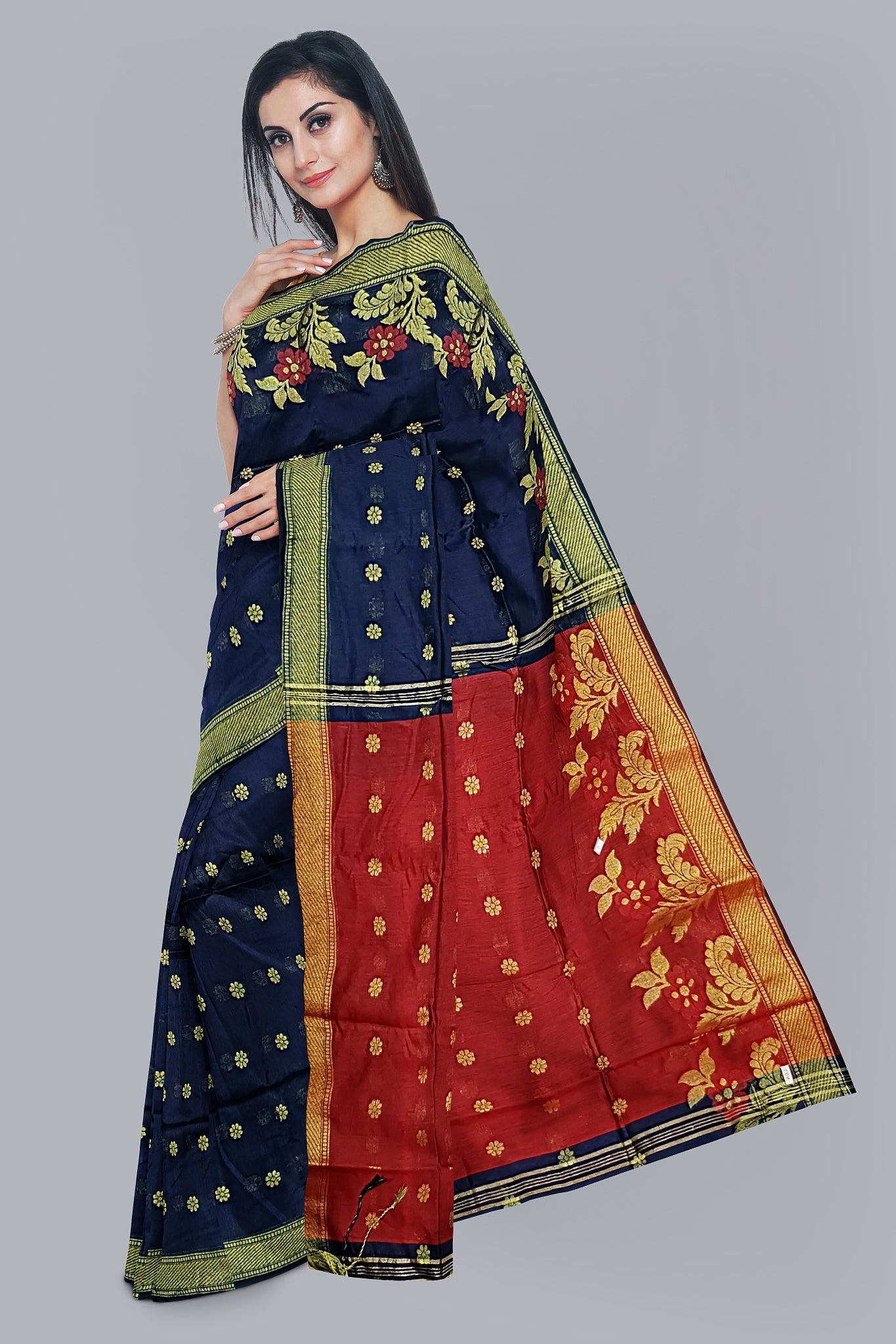 Luxurious Handloom Saree in Navy Blue with Golden Accents,DN NO-1068