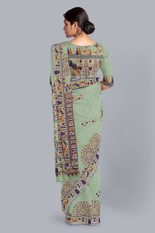 Contemporary Handloom Saree in Light Pasta with Block Print Design/DN NO-1073