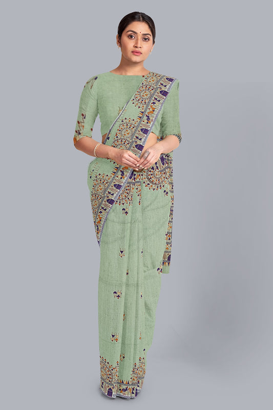 Contemporary Handloom Saree in Light Pasta with Block Print Design/DN NO-1073