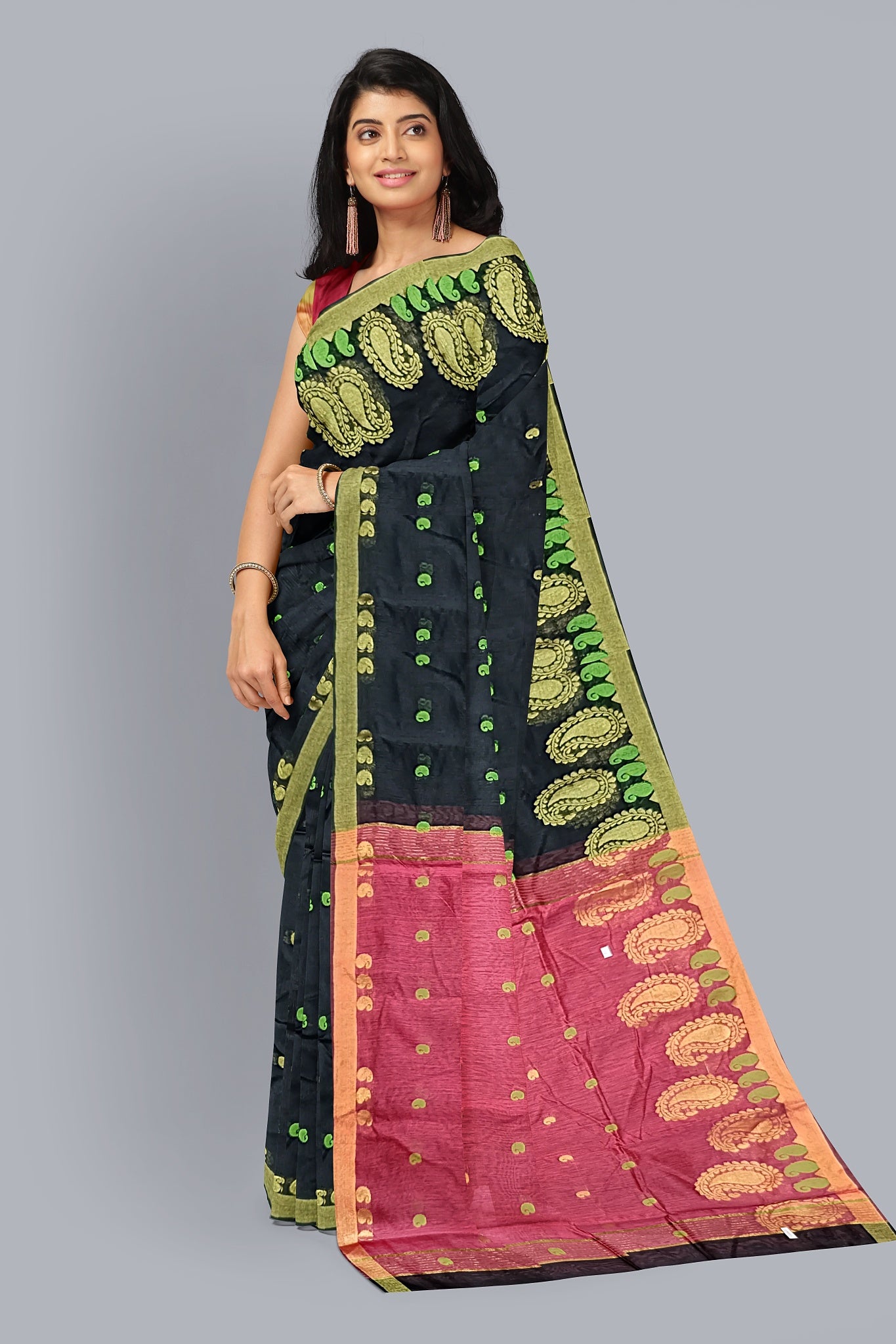 Regal Handloom Saree in Black with Green and Golden Accents,DN NO-1080