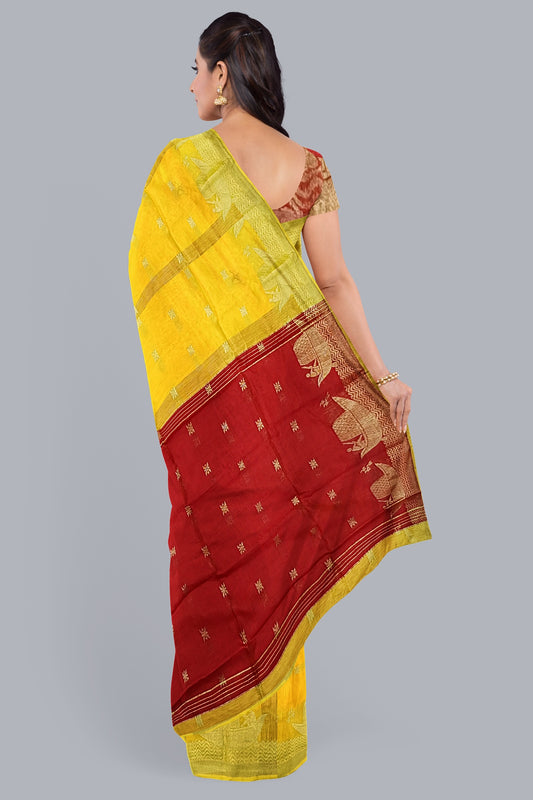 Elegant Handloom Saree in Yellow with Golden Boat Motif,DN NO-1072