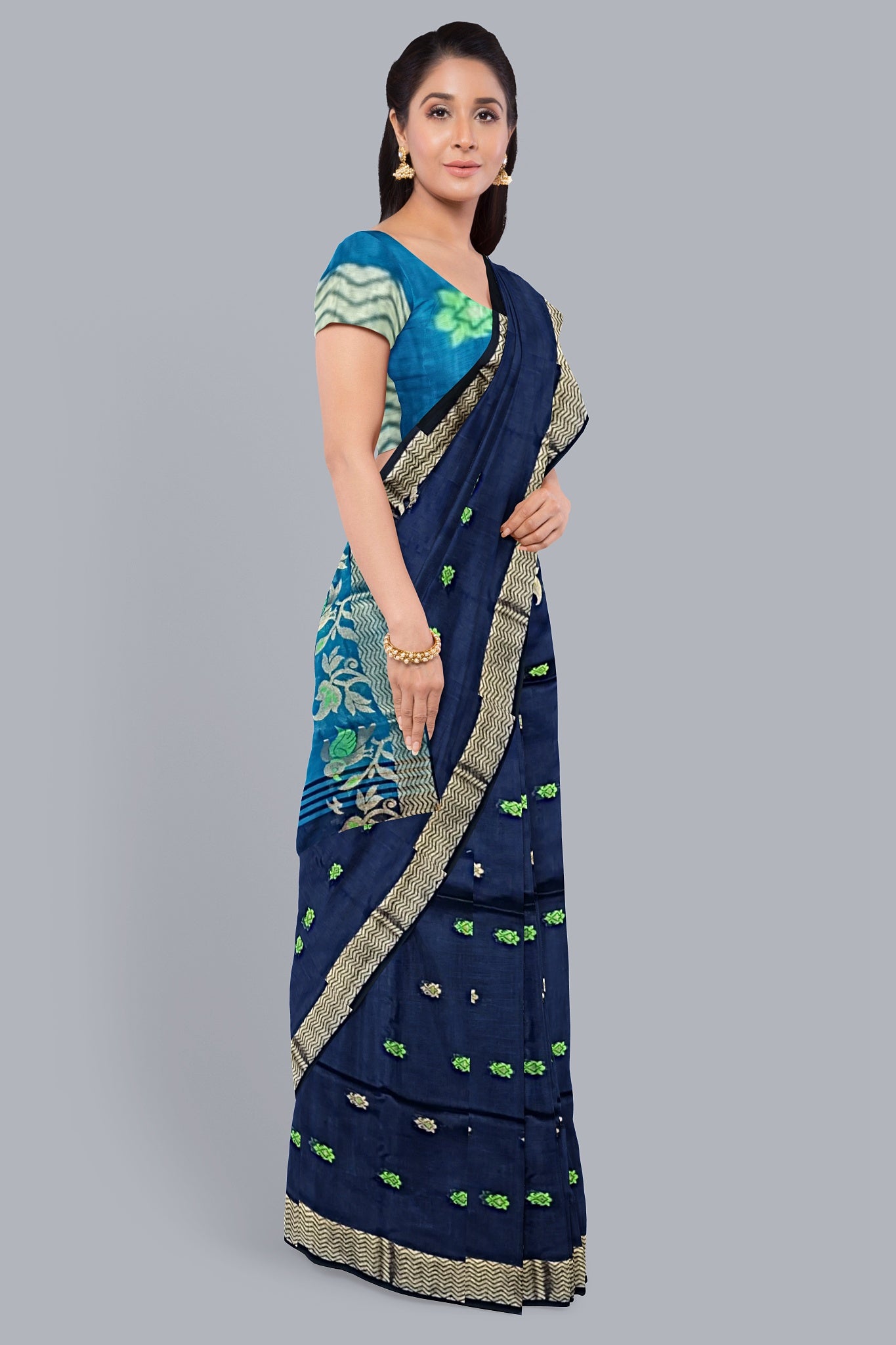 Regal Handloom Saree in Navy Blue with Vibrant Accents,DN NO-1076