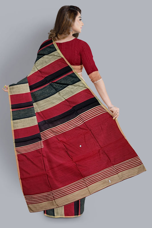 Elegant Handloom Saree with Striped Design in Red, Black, and Biscuit,DN NO-1079