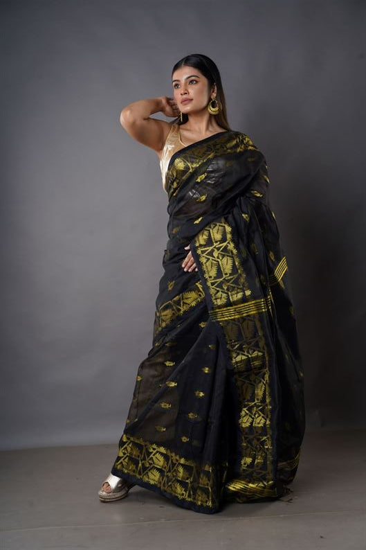 Traditional Soft Mulmul navy blue colour Bengal Handloom Pure Cotton Saree Without Blouse Piece,DN NO-1040