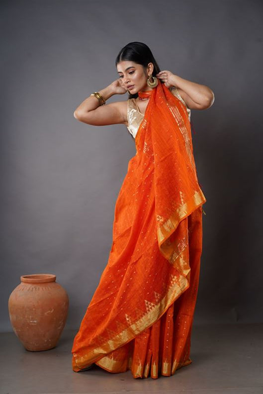 Traditional Soft Mulmul orang colour Bengal Handloom Pure Cotton Saree Without Blouse Piece.DN NO-1056