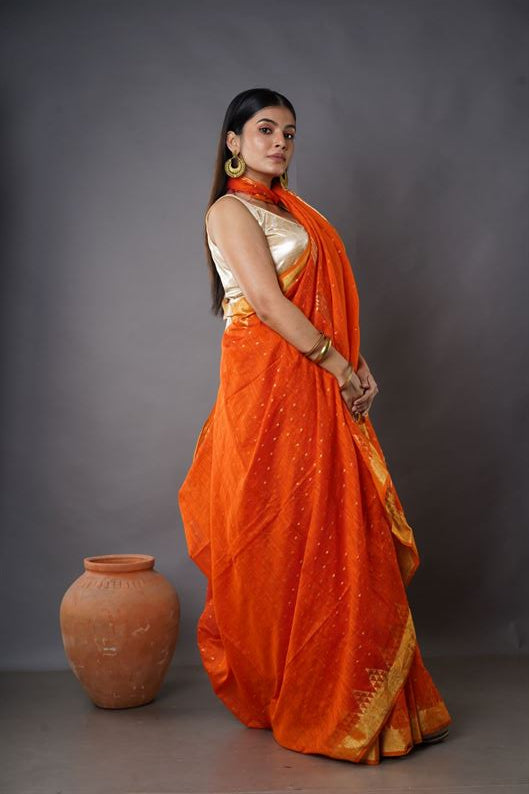 Traditional Soft Mulmul orang colour Bengal Handloom Pure Cotton Saree Without Blouse Piece.DN NO-1056