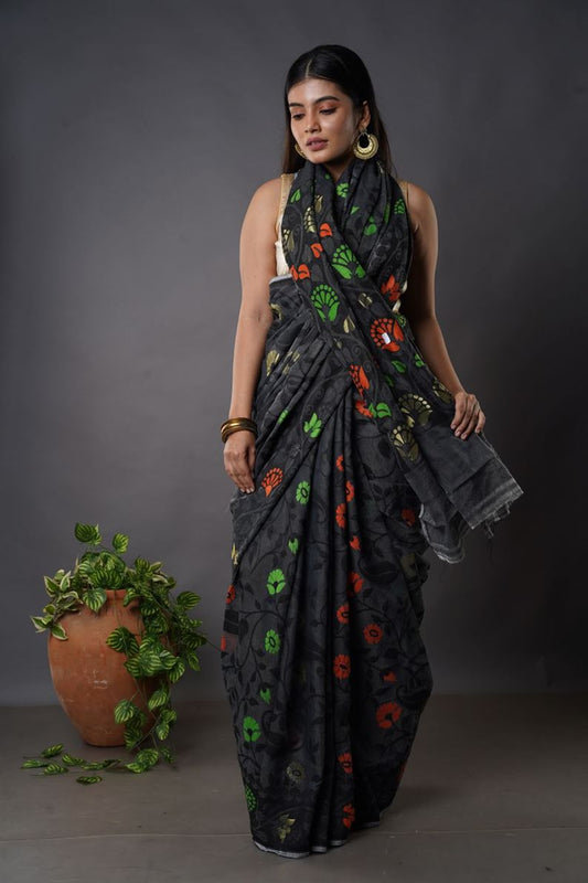 Traditional Bengal Soft Jamdani Saree with black colour combination ,Handwove | Item Length: 5.5 Metres Width: 1.2 Meters | Without Blouse Piece.DN NO-1002