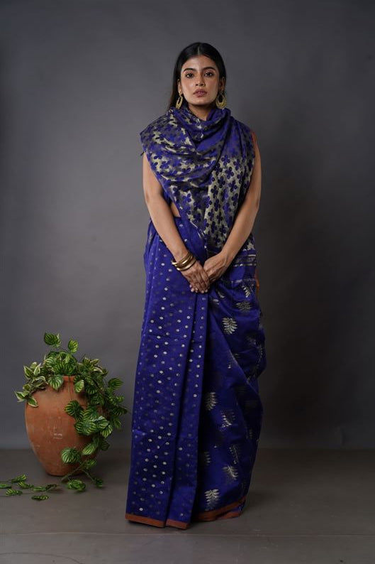 Traditional Soft Mulmul navy blue colour Bengal Handloom Pure Cotton Saree Without Blouse Piece.DN NO-1048
