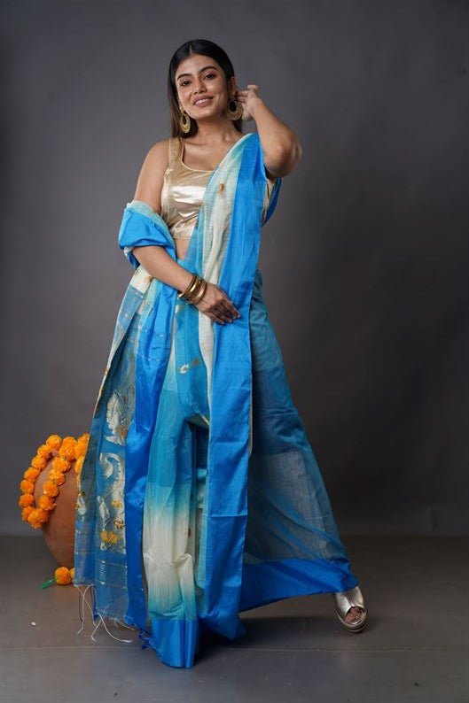 Traditional Soft Mulmul sky & white colour Bengal Handloom Pure Cotton Saree Without Blouse Piece.DN NO-1055